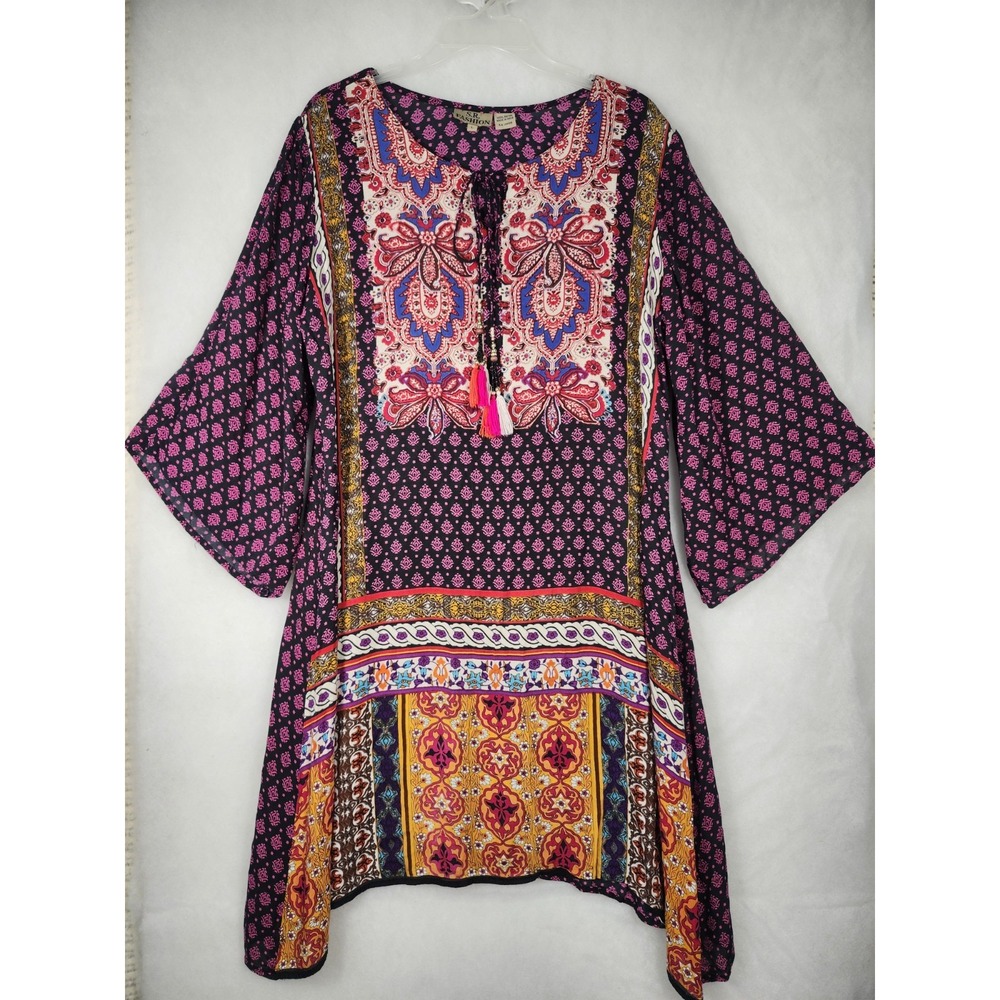 Lg S.R. Fashion Multicolor Floral Dress Boho Cruise Resort Vacation Fringe Beads - Picture 2 of 7